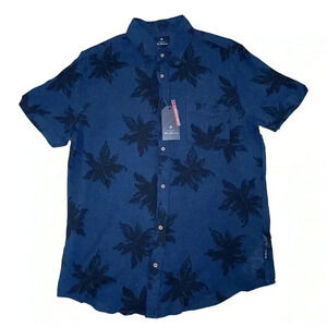 Ben Sherman blue with black floral print linen blend s/s button  down shirt sz L